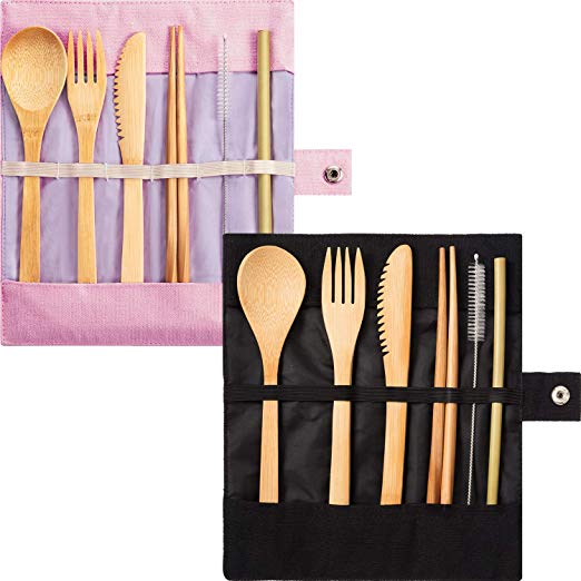 Tatuo 2 Set Bamboo Cutlery Flatware Set Bamboo Travel Utensils Include Reusable Knife Fork Spoon Chopsticks Straws (Black and Pink)