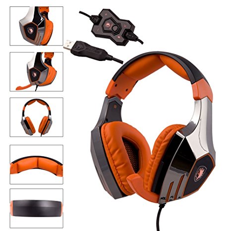 SADES A60 7.1 Surround Sound Stereo Pro PC USB Gaming Headsets Headband Headphones with High Sensitivity Microphone Over-the-Ear Vibration Function Volume Control (Black Orange Electroplating Version)