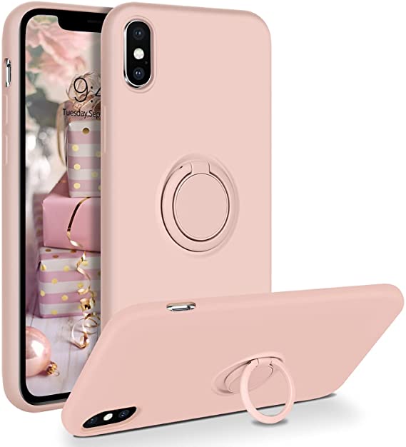 iPhone X Case, iPhone Xs Case, DUEDUE Liquid Silicone Soft Gel Rubber Slim Cover with Ring Kickstand|Car Mount Functio Shockproof Full Body Protective Anti Scratch Case for iPhone X/iPhone Xs,Pink Sand