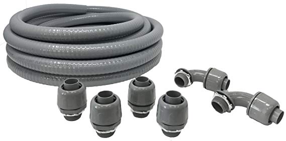 Sealproof Non-metallic Liquid-Tight Conduit and Connector Kit, 3/4-Inch 25 Foot Flexible Electrical Conduit Type B with 4 Straight and 2 90-Degree Conduit Connector Fittings, 3/4" Dia