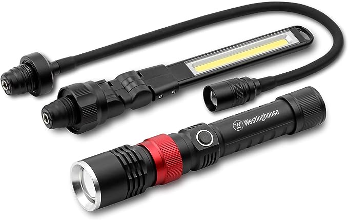 Westinghouse 3 in 1 LED Rechargeable Flashlight/Work Light/Flexible Light kit, Interchangeable Heads, Max 600lm, Focus Beam, Aluminum Body, Magnetic Base, Waterproof, Home, Outdoor, Emergency, Garage