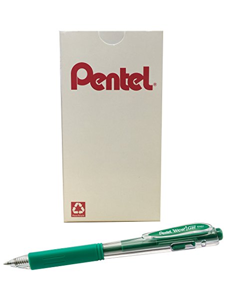 Pentel Wow! Retractable Gel Pen, 0.7mm, Medium, Green Ink, Box of 12 (K437-D)