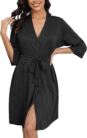 Ekouaer Robes for Women Ribbed Knit Bathrobe Soft Knee Length Kimono Robe 3/4 Sleeve Sleepwear with Pockets S-XXL