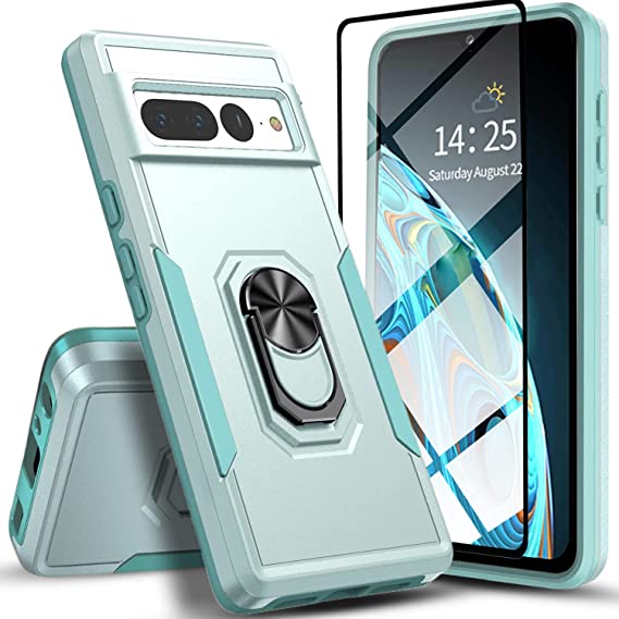 Google Pixel 7 Pro Case, with [Tempered Glass Screen Protector Include], Circlemalls Military Grade 12 ft Drop Protection with Build in 360 Rotatable Metal Ring Kickstand for Google Pixel 7 Pro-Green