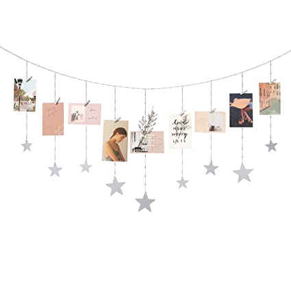 Mkono Hanging Photo Display Wood Stars Garland with Chains Picture Frame Collage with 25 Wood Clips Wall Art Decoration for Home Office Nursery Room Dorm Holiday Card Display, Silver