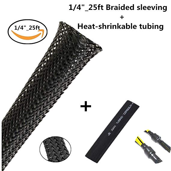 PET Expandable Braided Sleeving 1/4" Flexo Cable Sleeve Black Braided Sleeve for Braided Wire Sleeve Management Cord Protecto 25 FT Cable sleeving