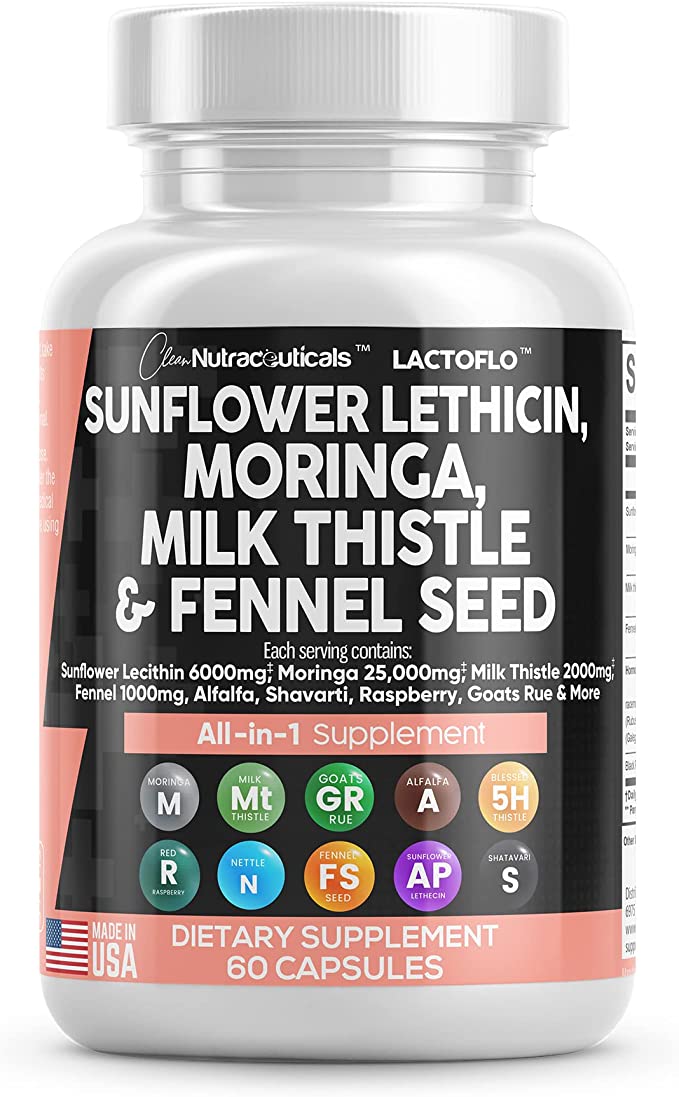 Sunflower Lecithin 6000mg Lactation Supplement with Moringa 25000mg Milk Thistle 2000mg Fennel Seed 2000mg Plus Goats Rue, Shatavari, Alfalfa, Red Raspberry & Nettle For Breastfeeding USA Made 60 Ct