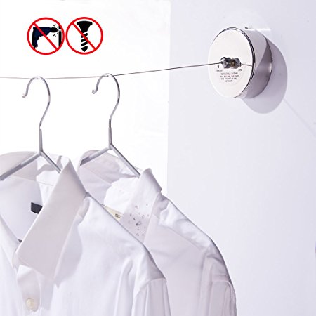 BESy SUS304 Stainless Steel Clothesline Retractable Clothes Dryer Self Adhesive (Drill Free) with Adjustable Pulley and Braided Stainless Steel Wire Hotel Style,9.2 Feets,Polished Finish, Round Style