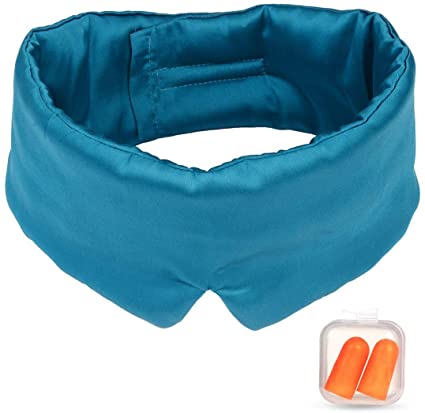 Handmade Silk Sleep Mask - Light Blocking Sleep Mask for Unisex, Eye Mask with Ear Plugs for Sleep, Napping and Travel (Blue)