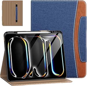 MoKo Case for iPad Pro 13 Inch M4 2024 (7th Generation) with Pencil Holder & Pocket, Built-in Hand Strap, Multi-Angle Viewing, Premium PU Leather Folio Cover for iPad Pro 13 2024, Denim Blue & Brown