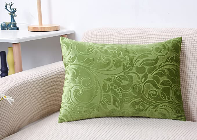 TangDepot Heavy Velvet Embossing Throw Pillow Cover, Classis Floral Anaglyph Velvet Fabric, Lumbar Pillow Cover, Indoor/Outdoor Pillowcase - (12" x 20", C18 Apple Green)