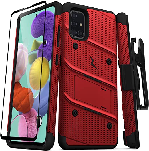 ZIZO Bolt Series for Galaxy A51 5G Case with Screen Protector Kickstand Holster Lanyard - Red & Black