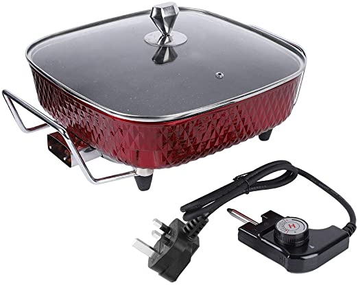 Multi-Function Electric Cooker Pan Electric Grill Hot Pot Chafing Dish Non-Stick Smokeless Pan Integrated Kitchen Pot with Lid and Adjustable Temperature Control for Indoor BBQ Barbecue UK Plug 220V