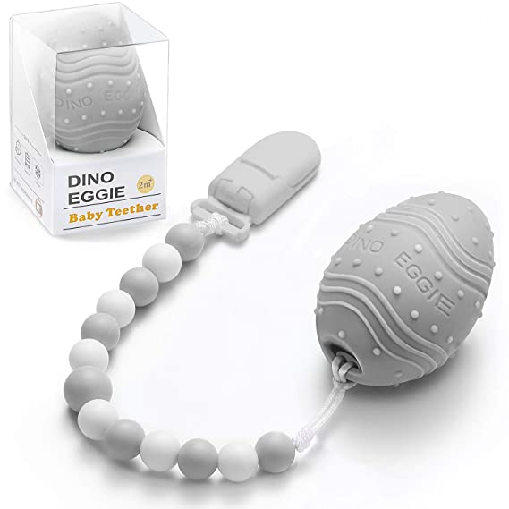 Dino Eggie Egg Teether Baby Teething Toy with Silicone Beaded Pacifier Holder Clip, BPA-Free, for Baby Boys and Girls - Grey