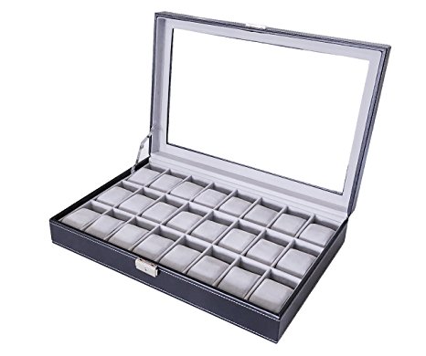 Sodynee Watch Box Large 24 Mens Black Leather Display Glass Top Jewelry Case Organizer