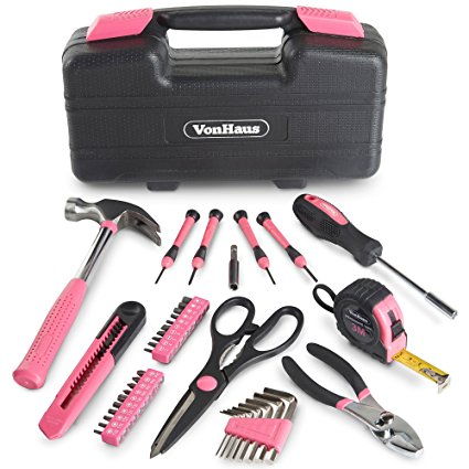 VonHaus 39Pc Pink Tool Kit Set – Household / Workshop with Hard Storage Case Box – incl. Claw Hammer, Screwdrivers, Pliers, Wrench, Scissors 3m Tape & 20x Bits