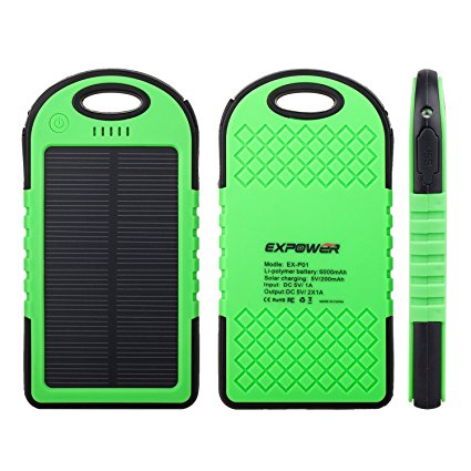 Expower(R) 6000mAh Solar Panel Rain Resist shockproof Charger Portable Charger Backup External Battery Power Pack for iPhone 5S 5C 5 4S 4, iPad Air, Other iPads, iPods(Apple Adapters not Included), Samsung Galaxy S4, S3, S2, Note 3, Note 2, Most Kinds of Android Smart Phones and More Other Devices (Green)