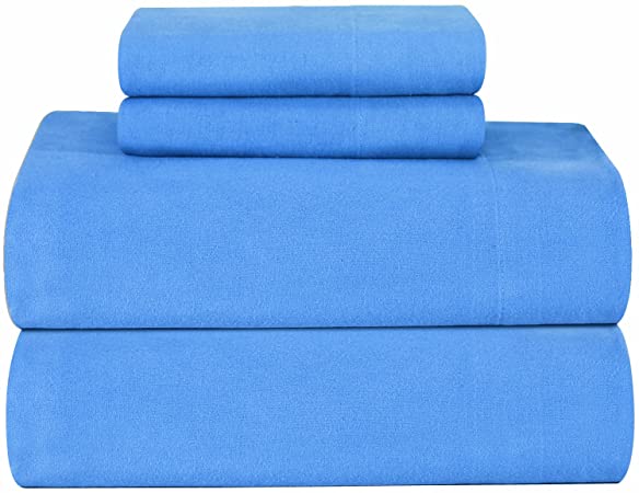 Pointehaven Heavy Weight Solid Flannel 100-Percent Cotton Sheet Set, Blue, Queen