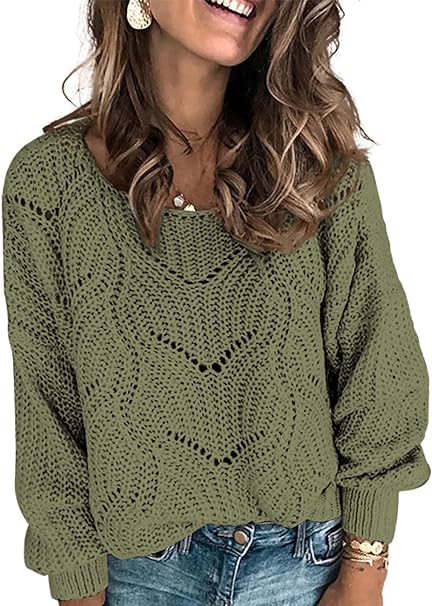 Dokotoo Womens 2023 Cute Elegant Soft Crewneck Long Sleeve Hollow Cable Knit Pullover Sweaters