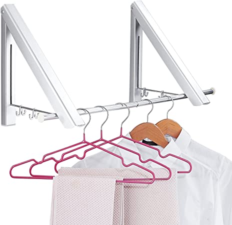 Dr.DJ Retractable Clothes Rack-Laundry Room Drying Rack Wall Mounted Clothes Hanger Foldable, Wall Mount , Folding Clohes Wall Hanger Home Storage Organizer, Aluminium, 2 Racks with Rod (Silver)