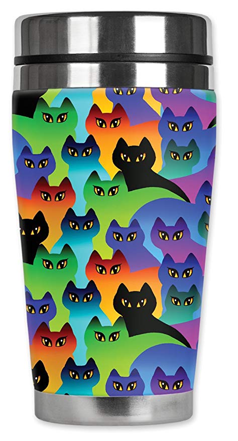 Mugzie Cat Silhouettes Travel Mug with Insulated Wetsuit Cover, 16 oz, Black