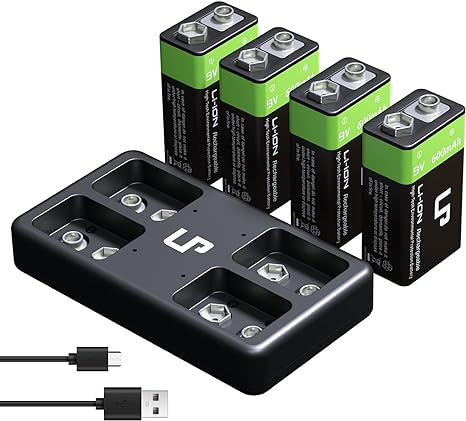 LP 9V Rechargeable Battery Charger Pack, 4 Pack 600mah 9 Volt Batteries and 4 Bay Battery Charger with LED Lights Display for Wireless Microphones, Toys, Flashlights, Guitar, Keyboard