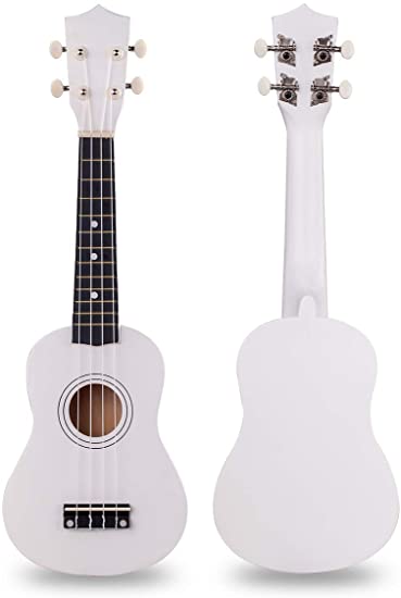 Wooden Ukulele 21 Inch Soprano Hawaiian Guitar Basswood Small Guitar for Kids Beginner (White)