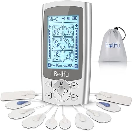 Belifu Dual Channel TENS EMS Unit 24 Modes Muscle Stimulator for Pain Relief Therapy, Electronic Pulse Massager Muscle Massager with 10 Pads, Dust-Proof Drawstring Storage Bag，Fastening Cable Ties