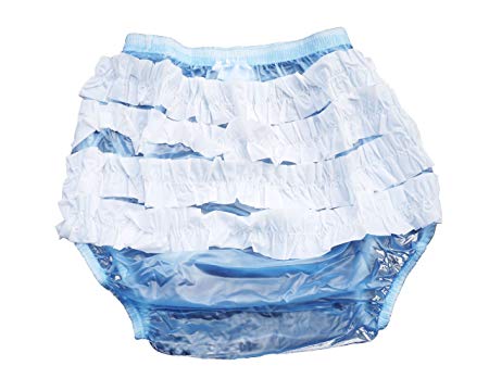 Haian Adult Frilly Plastic Rumba Incontinence Pull-on Plastic Pants (X-Large, Transparent Blue)