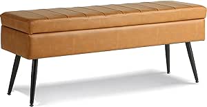 CUYOCA Storage Ottoman Bench, 43.5" Faux Leather Upholstered Entryway Bench, Long Ottoman with Storage for Living Room, Support 660lbs - Cognac Brown