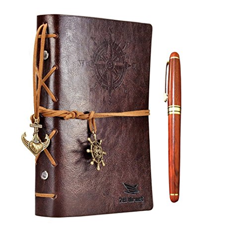 Leather Writing Journal Notebook with Rosewood Ballpoint Pen Set Boxed, 7" x 5" Refillable Vintage Nautical Spiral Blank String Daily Notepad & 0.7mm Rosewood Rollerball Pen (2 Refills)