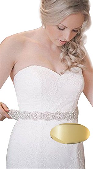 QueenDream Silver Crystal Beaded Ivory Satin Bridal Sash Wedding Belt for Bride