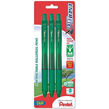 Pentel EnerGel-X Retractable Liquid Gel Pen, 0.7mm, Medium Line, Metal Tip, Green Ink, 3 Pack (BL107BP3D)