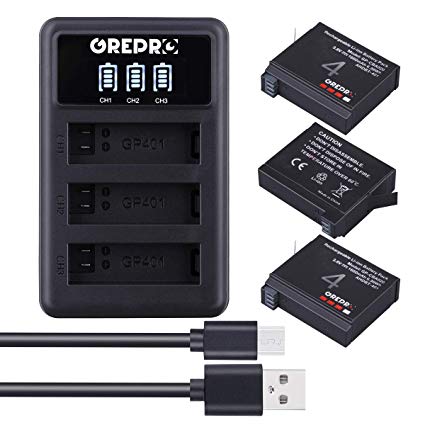 Grepro Gopro Hero 4 Silver and Hero 4 Black Replacement Battery USB LCD Charger Set for Sports Digital Camera 3 pack Rechargeable Lithium-Ion Battery Charger Kit 100% Compatible with Original(1680mAh)