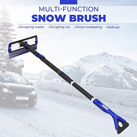 JOYTUTUS Car Snow Brush with Ice Scraper, 180° Extendable Auto Foam Snow Remover Brush with Squeegee, 47”Car Snow Scraper and Brush, Car Snow Broom Groove Stable Design, Labor Saving Durable,Blue