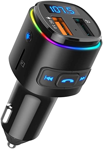 Upgraded Criacr Bluetooth FM Transmitter, Wireless Radio Adapter with QC 3.0 Fast Charging, Hands-Free Calling Music Player, Dual USB Ports Car Transmitter, 7 Colour LED Backlit, Siri Voice Assistant