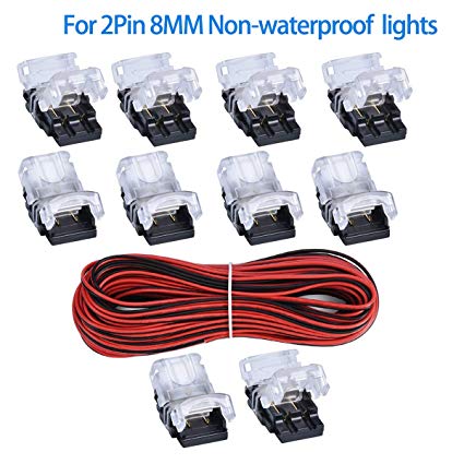 10 Pack 2 Pin LED Connector for Non-Waterproof 8mm 3528 2835 LED Strip Lights, Strip to Wire Quick Connection Without Stripping, Include UL Listed 16.4ft 22 Gauge 2 Conductor Extension Cable