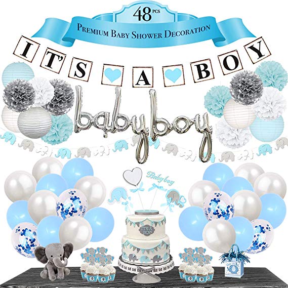 Baby Shower Decorations For Boy | Premium | 48 pcs | It’s A Boy Banner | Flower Pom Pom, Paper Lanterns (Blue, White, Gray) | Elephant Garland| Cake Toppers | Baby Boy Foil Balloons | Confetti & Latex Balloons | Air Pump | Vista Trade Zon, LLC