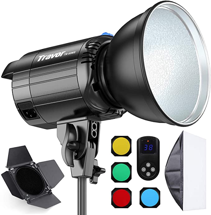 Travor 60W LED Video Light with Softbox, Barn Door, 12 Color Filters, Remote Control, 5400LM CRI95  5600K Dimmable Continuous Lighting Bowens Mount for Video Recording Outdoor Photography Shooting