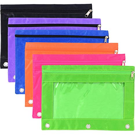 Hicarer 6 Pieces Ring Binder Pouch Pencil Bag with Holes 3-Ring Zipper Pouches with Clear Window (6 Colors)