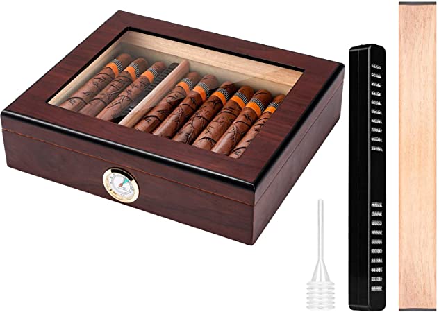 Cigar Humidor Box with Humidifier,Hygrometer and Movable Divider,Clear-Top Visible Desktop Cedar Storage Case Holds 10-25 Cigars