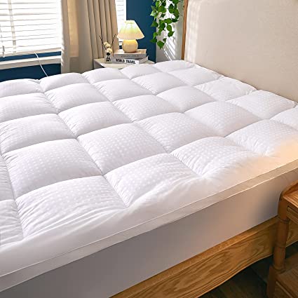Extra Thick Mattress Pad Queen Size Mattress Topper, 400TC 100% Cotton Top Plush Down Alternative Filled Quilted Fitted Pillow Top with 18" Deep Pocket