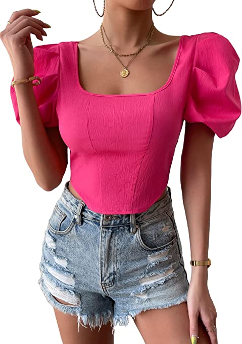 Milumia Women's Puff Sleeve Tie Back Crop Tops Casual Backless Square Neck Blouses