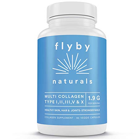 Flyby Multi Collagen Peptides Pills (90 Capsules) – (Type I, II, III, V & X) Hydrolyzed Grass-Fed Keto Protein Vitamin Supplement for Anti-Aging, Hair Growth, Skin, Nails Joints – Vegan, Pure, Non-GMO
