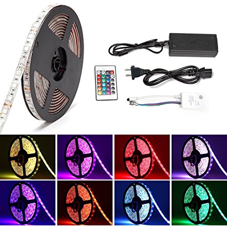 Music LED Light Strip,SOLMORE Sound Activated RGB 16.4ft/5M SMD5050 300 Leds Strip Kit,Waterproof Strip Lights,Flexible Rope Light with 24 key IR Controller 12V 5A Power Supply Home Kitchen DIY Lights