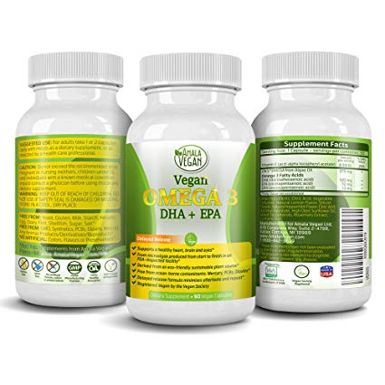 Potent Vegan Omega 3 Supplement w/Essential Fatty Acids, Vitamin E, DHA & EPA - Vegetarian Algae based & Non GMO Time-Release Capsules - Improve Eye, Heart, Brain Health - Better than Fish Oil