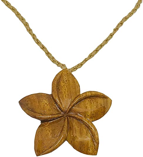 Hawaiian Jewelry Hand Carved Koa Wood Hawaii Plumeria Flower Necklace from Hawaii