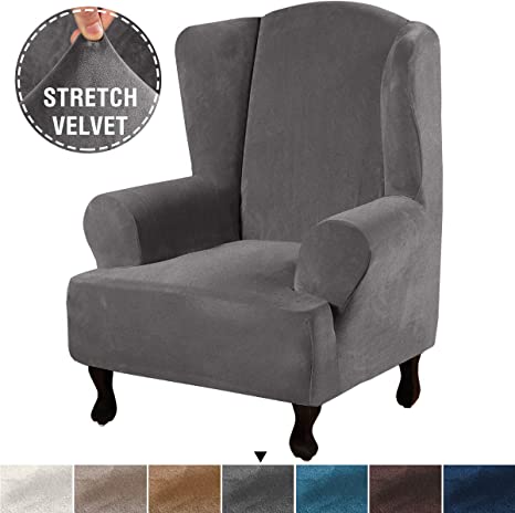 H.VERSAILTEX 1 Piece Super Stretch Stylish Furniture Cover/Wingback Chair Cover Slipcover, Durable Soft Modern Velvet Plush Slipcover Machine Washable/Skid Resistance (Wing Chair, Grey)