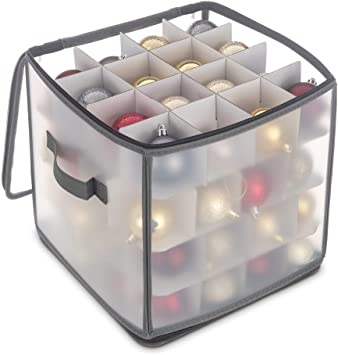 LIVIVO Christmas Bauble and Decoration Storage Cube with Padded Dividers for 64 Xmas Ornaments – Heavy Duty Folding 4 Layer Holder with Separators, Zipped Lid and Handles (Grey)