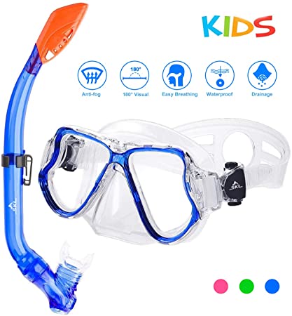 SKL Kids Snorkel Set Dry Top Snorkel Mask Snorkeling Gear Anti-Fog Anti-Leak Scuba Diving Mask and Snorkel Set for Children, Boys, Girls, Youth, Junior Aged 6-15